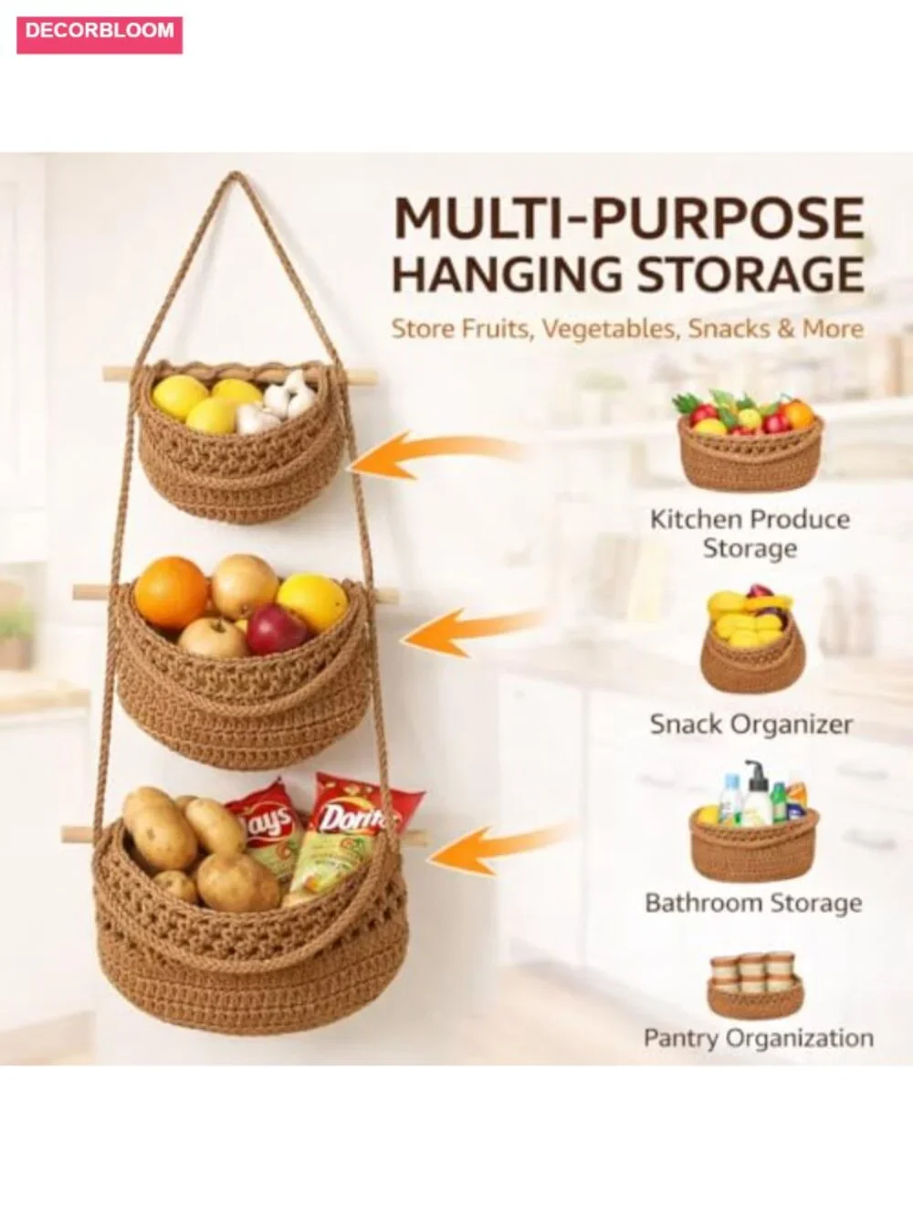 3 Tier Hanging Fruit Basket, Wall Mounted Cotton Rope Produce Storage, Boho